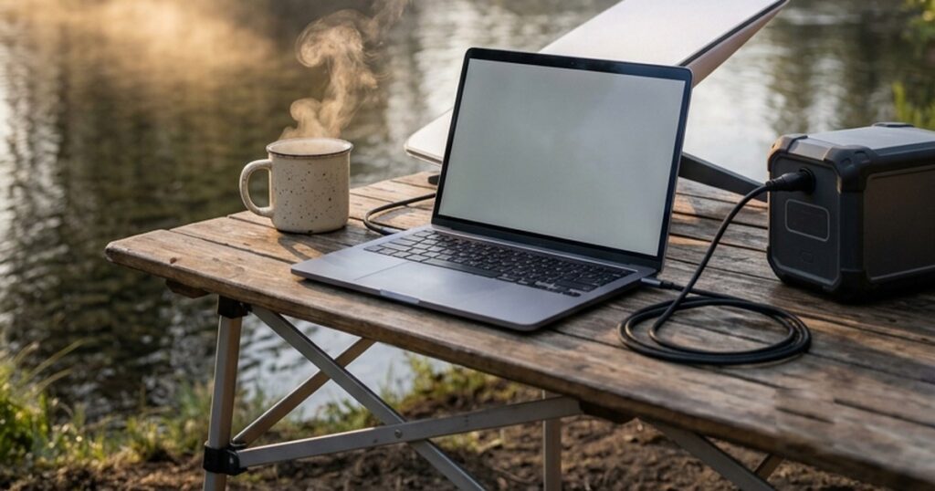 Laptop, coffee, satellite dish and a portable power station on a camp table beside a river at sunrise