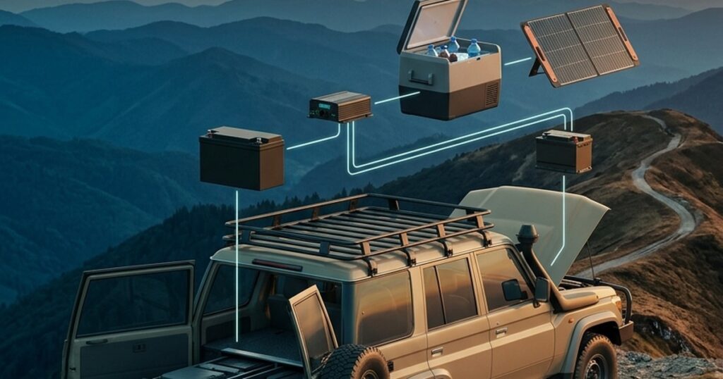 Exploded-view render of an overlanding 4x4 wagon on a ridge at dusk with a lithium house battery, DC-DC charger, 12V fridge, solar panel and starter battery floating above it, connected by glowing lines