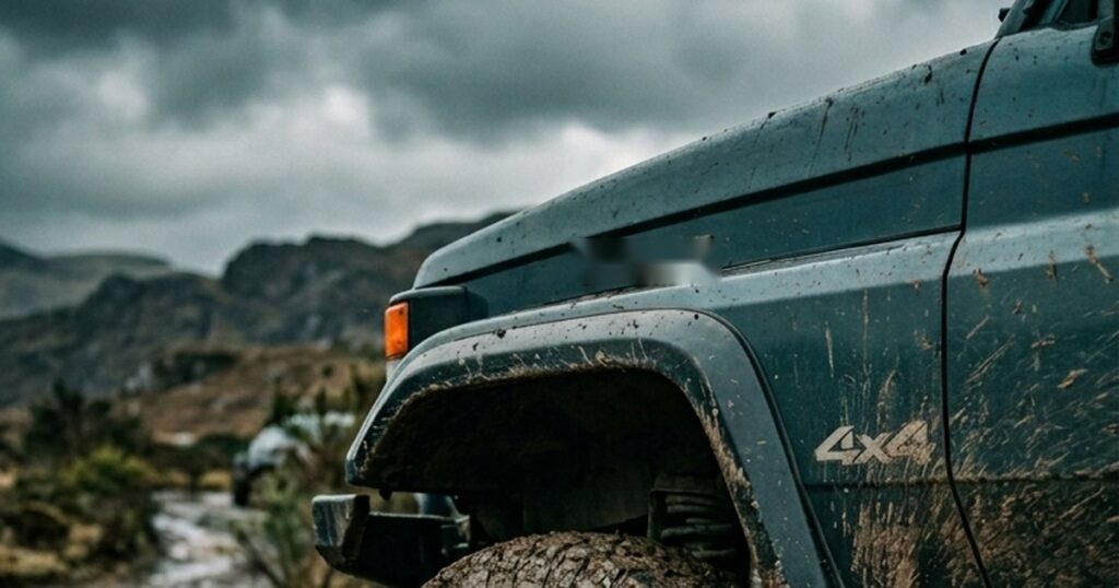A mud-covered 4x4 stopped on a wet mountain track, fender and front wheel in the foreground