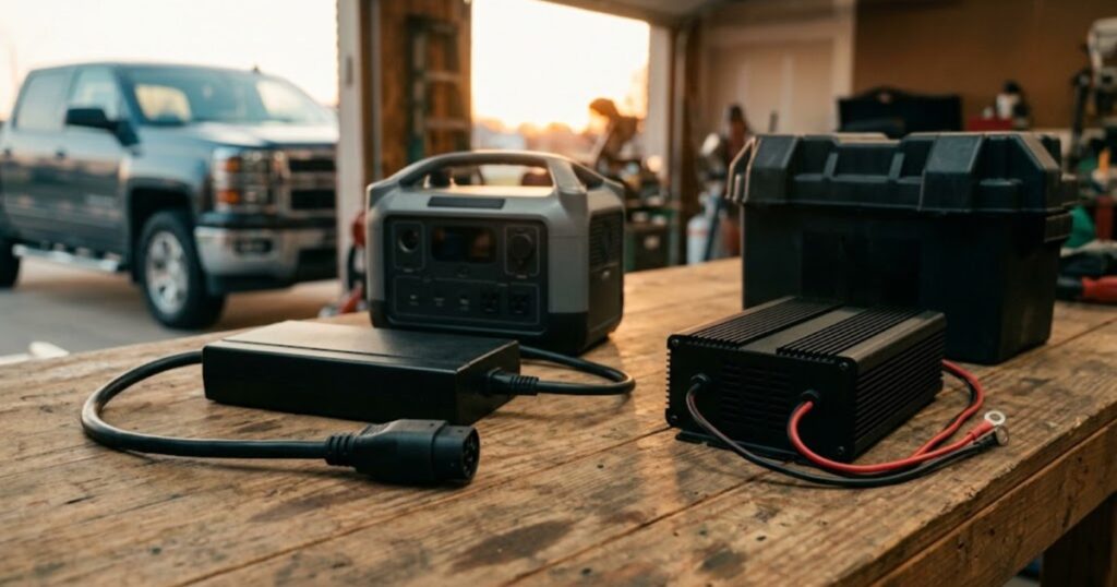 An alternator charger and a DC-DC charger side by side on a workbench, a power station behind one and a battery box behind the other