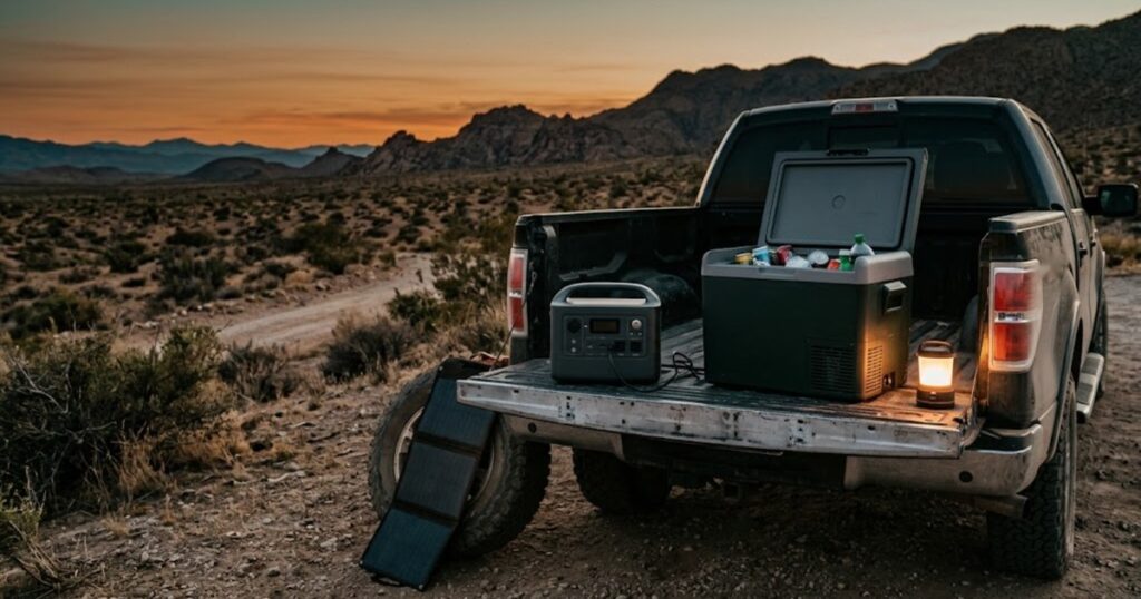 Power station, folding solar panel and 12V fridge on a pickup tailgate at desert sunset