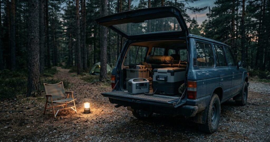 Power station and 12V fridge in the back of an SUV at a forest camp at dusk