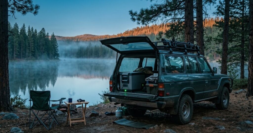 12V fridge in the back of an SUV beside a misty lake at dawn