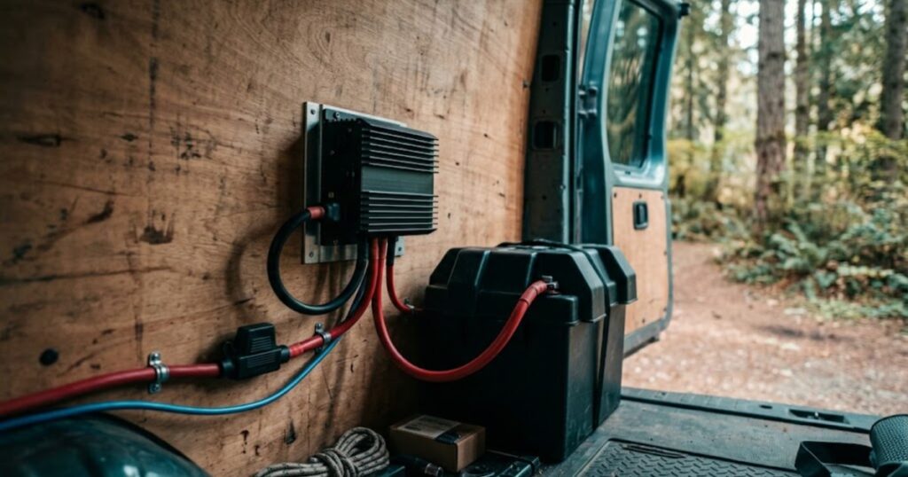 DC-DC charger on a bracket beside a battery box in a vehicle cargo area, fused cable running forward