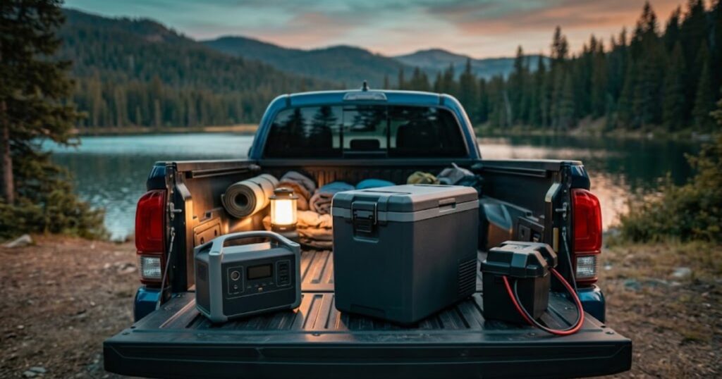Power station, 12V fridge and a battery box on a pickup tailgate at a lakeside camp