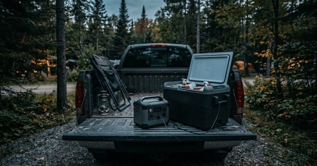 A small portable power station cabled to an open 12V compressor fridge on a pickup tailgate at a forest campsite at dusk