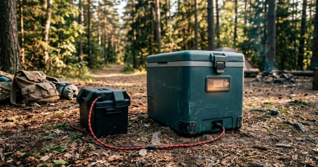 12V compressor fridge beside a battery box at a forest campsite