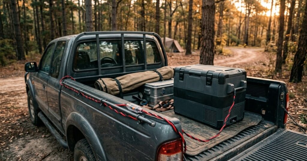 A 12V fridge in a pickup bed fed by a fused red and black cable at a forest campsite