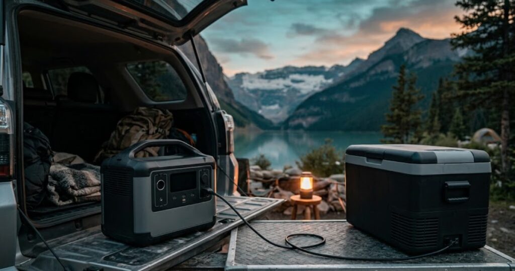A portable power station cabled to a 12V fridge on a tailgate beside a mountain lake at dusk