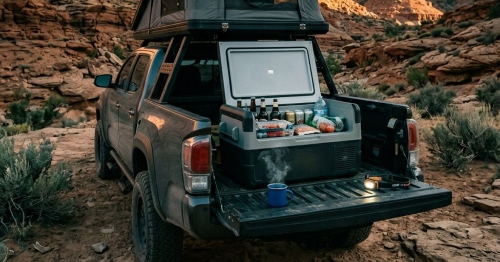 12V fridge open on a pickup tailgate at a desert camp